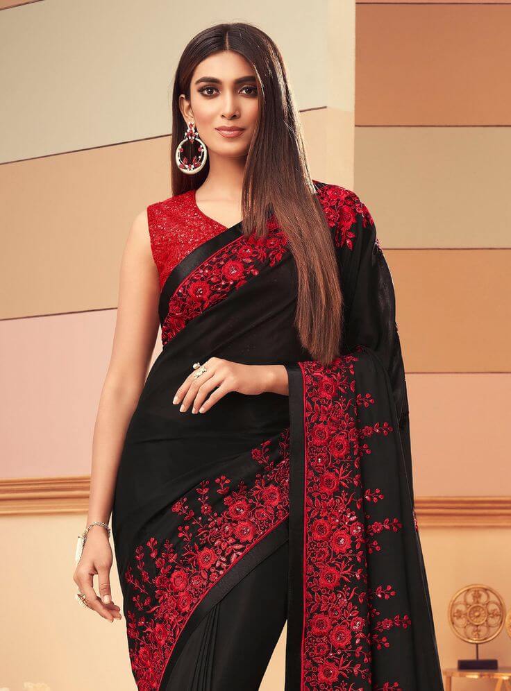 Fiery-Red-Blouse-with-Black-Saree
